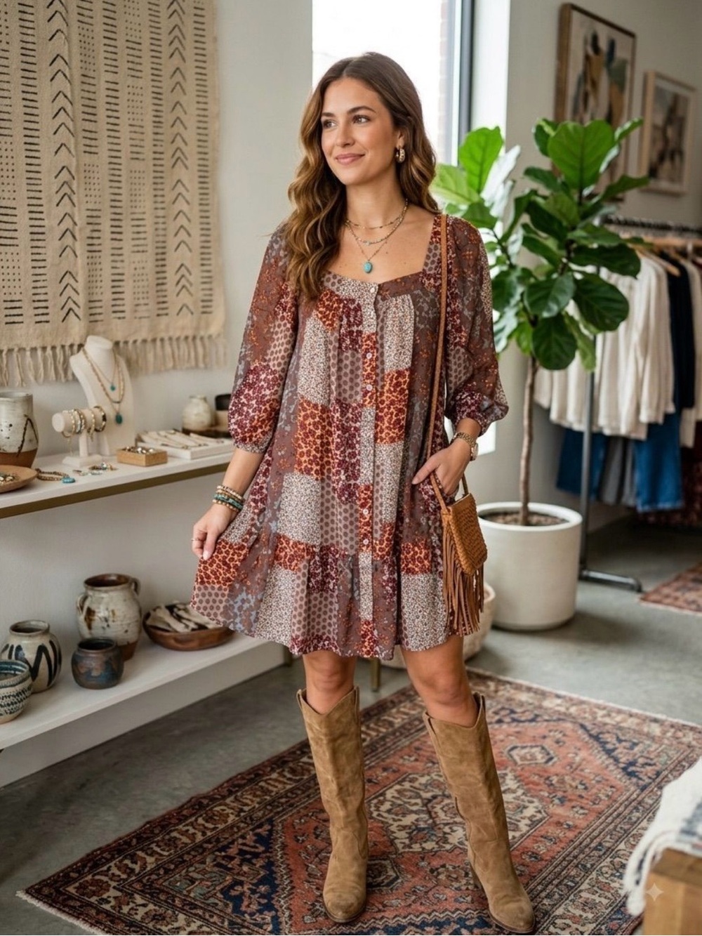 Easel Boho Patchwork Tiered Mini Dress